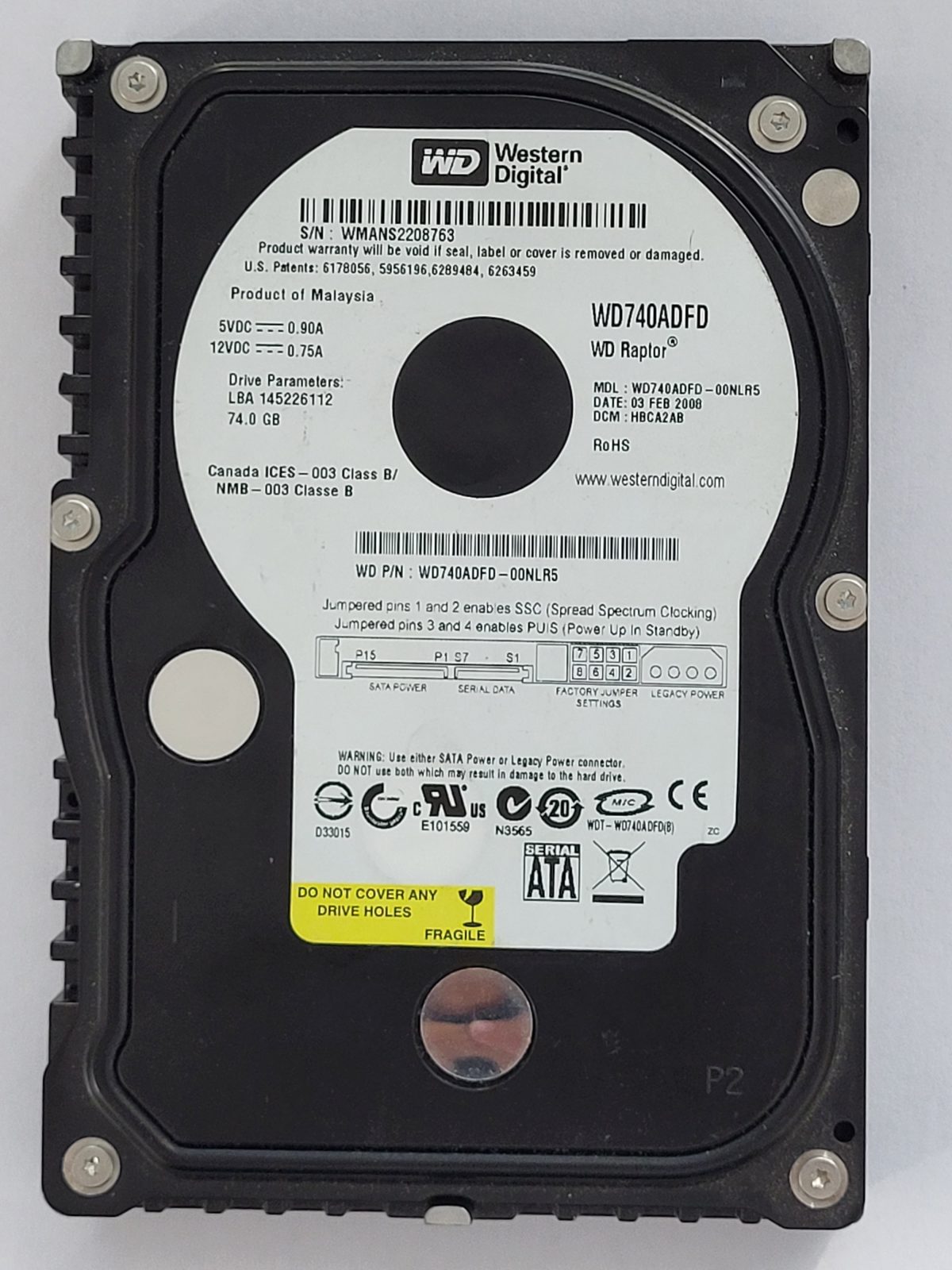 WD740ADFD-00NLR5, DCM: HBCA2AB, 03 FEB 2008 | WD 74Go 3,5" SATA HDD STK