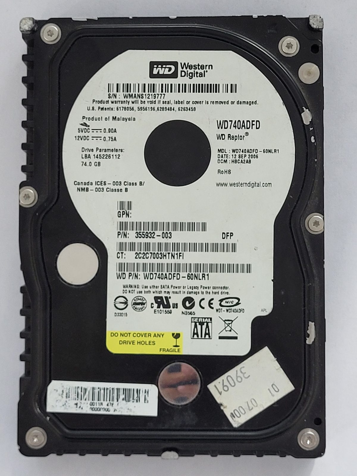 WD740ADFD-60NLR1, DCM: HBCA2AB, 12 SEP 2006 | WD 74Go 3,5" SATA HDD STK