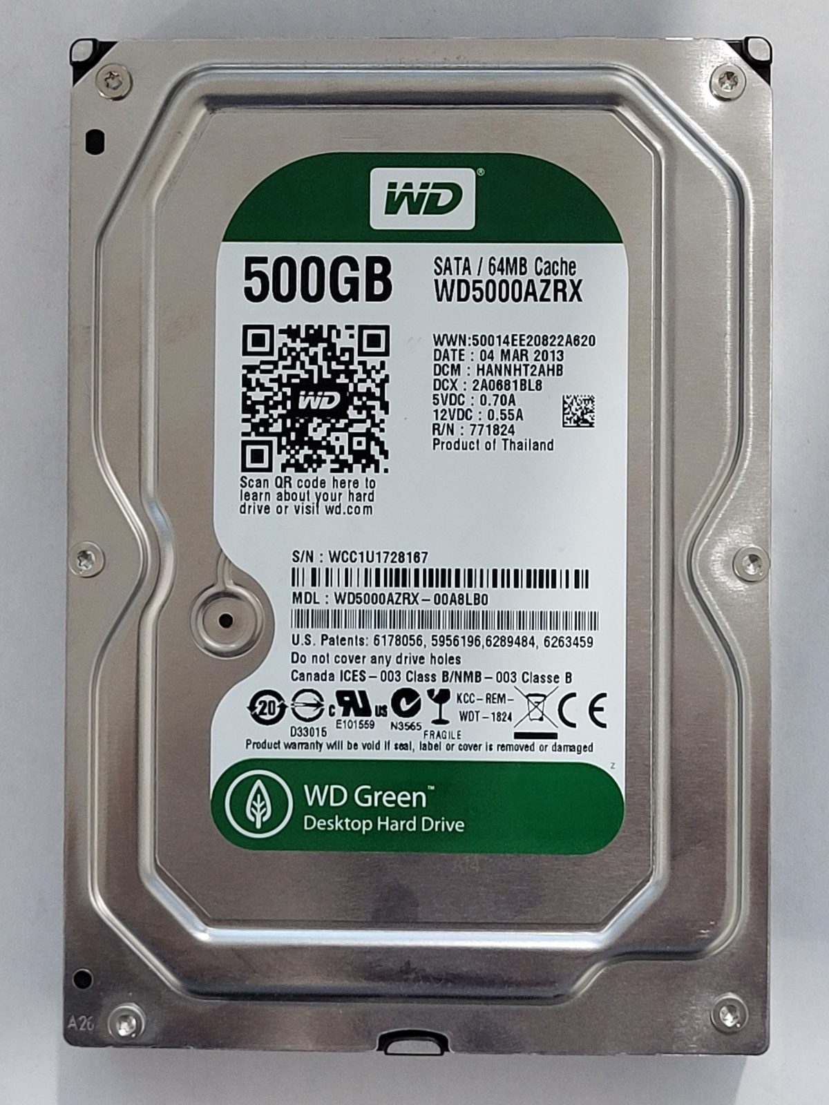 WD5000AZRX-00A8LB0, DCM: HANNHT2AHB, 04 MAR 2013 | WD 500Go 3,5" SATA HDD STK