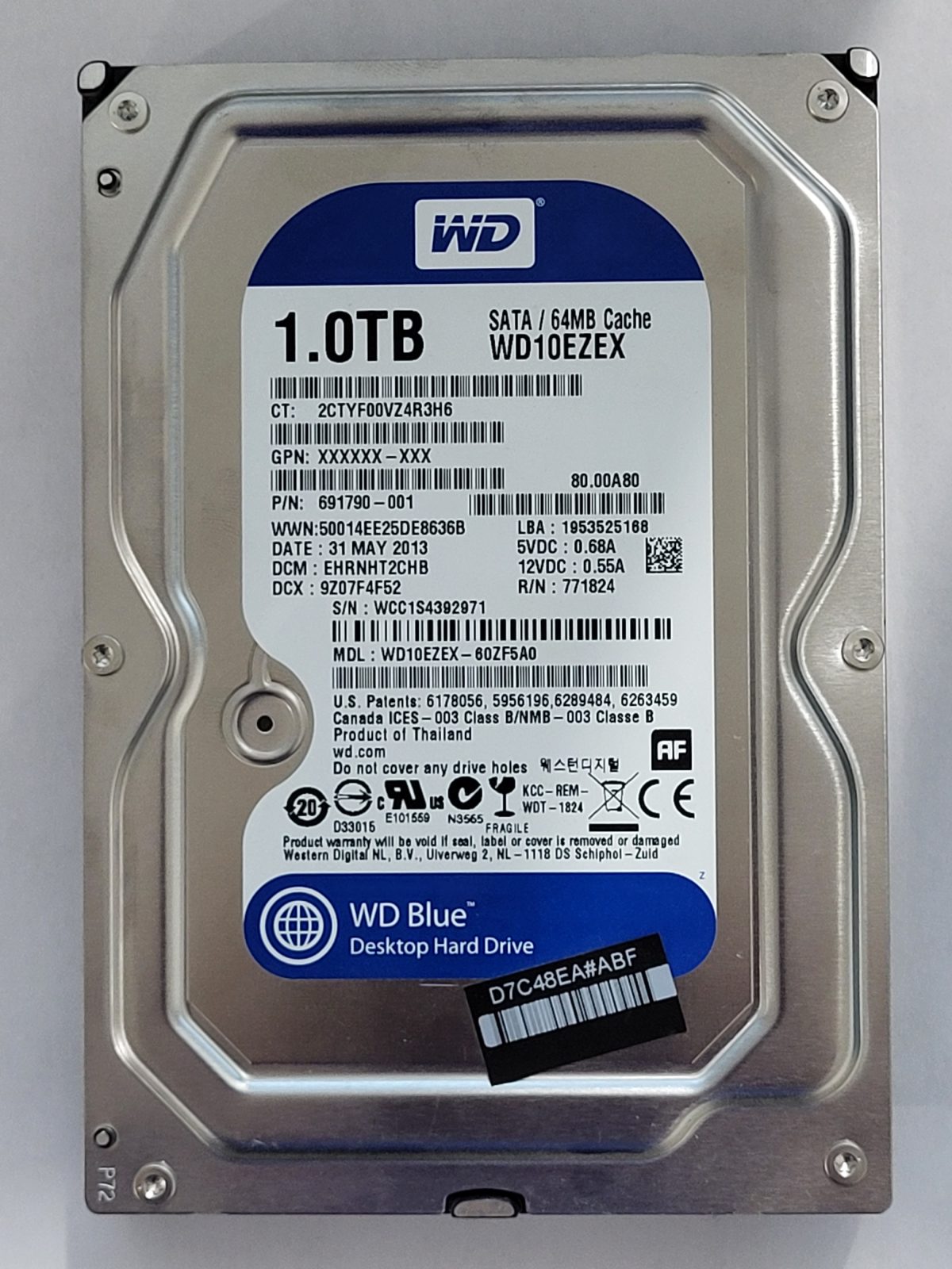 WD10EZEX-60ZF5A0, DCM: EHRNHT2CHB, 31 MAY 2013 | WD 1To 3,5" SATA HDD STK