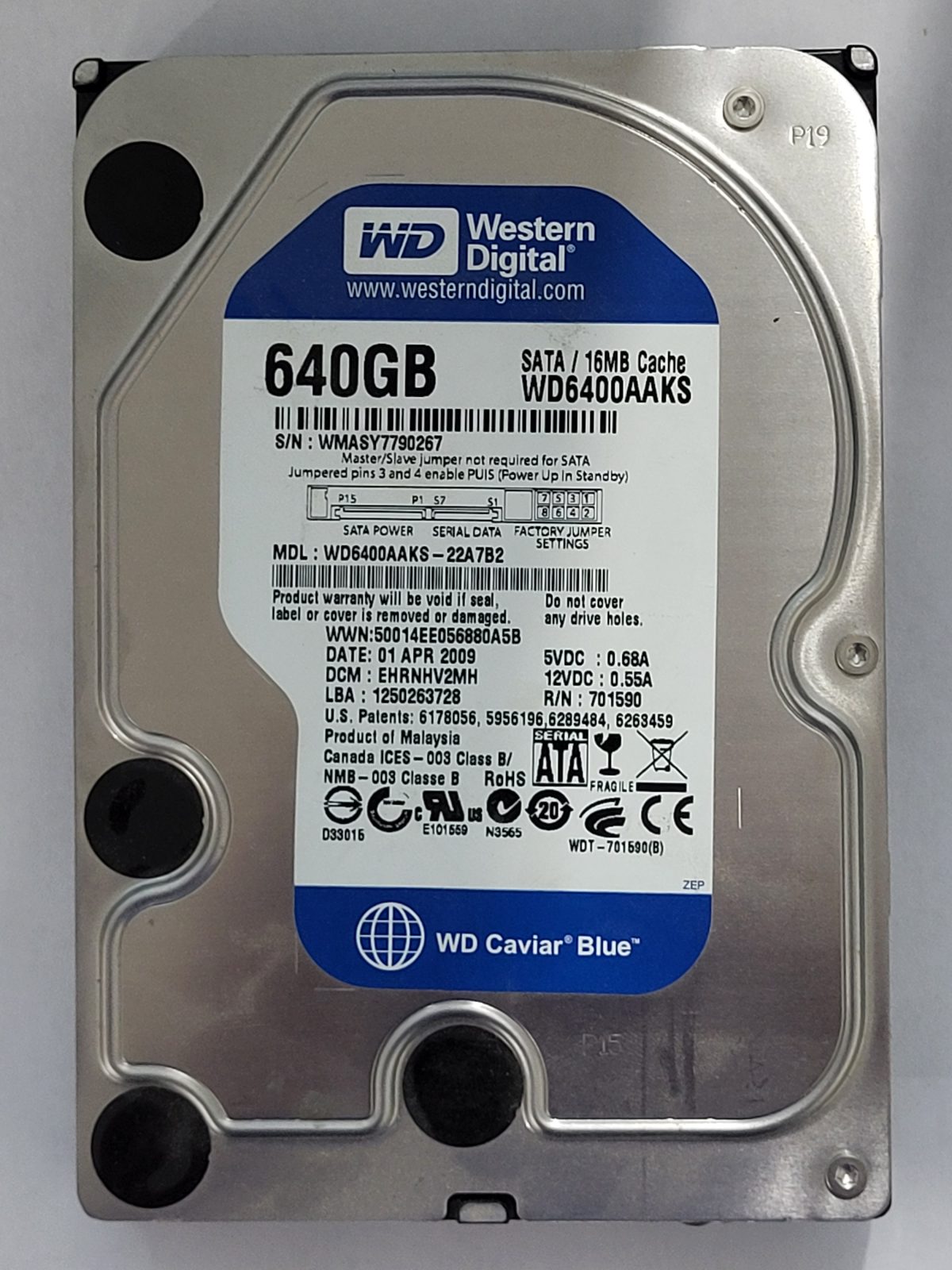 WD6400AAKS-22A7B2, DCM: EHRNHV2MH, 01 APR 2009 | WD 640Go 3,5" SATA HDD STK