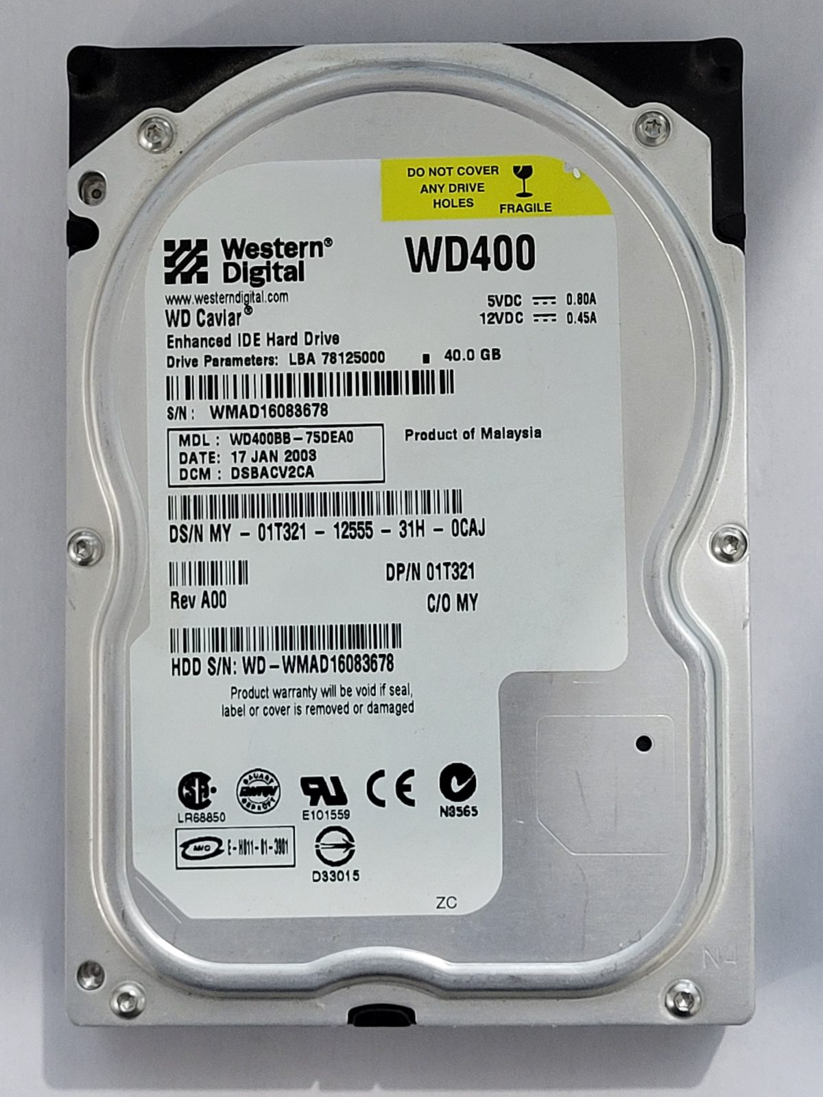 WD400BB-75DEA0, DCM: DSBACV2CA, 17 JAN 2003 | WD 40Go 3,5" PATA HDD STK