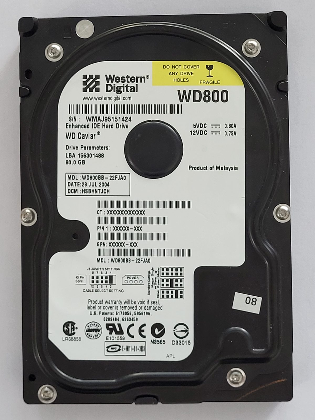 WD800BB-22FJA0, DCM: HSBHNTJCH, 28 JUL 2004 | WD 80Go 3,5" PATA HDD STK
