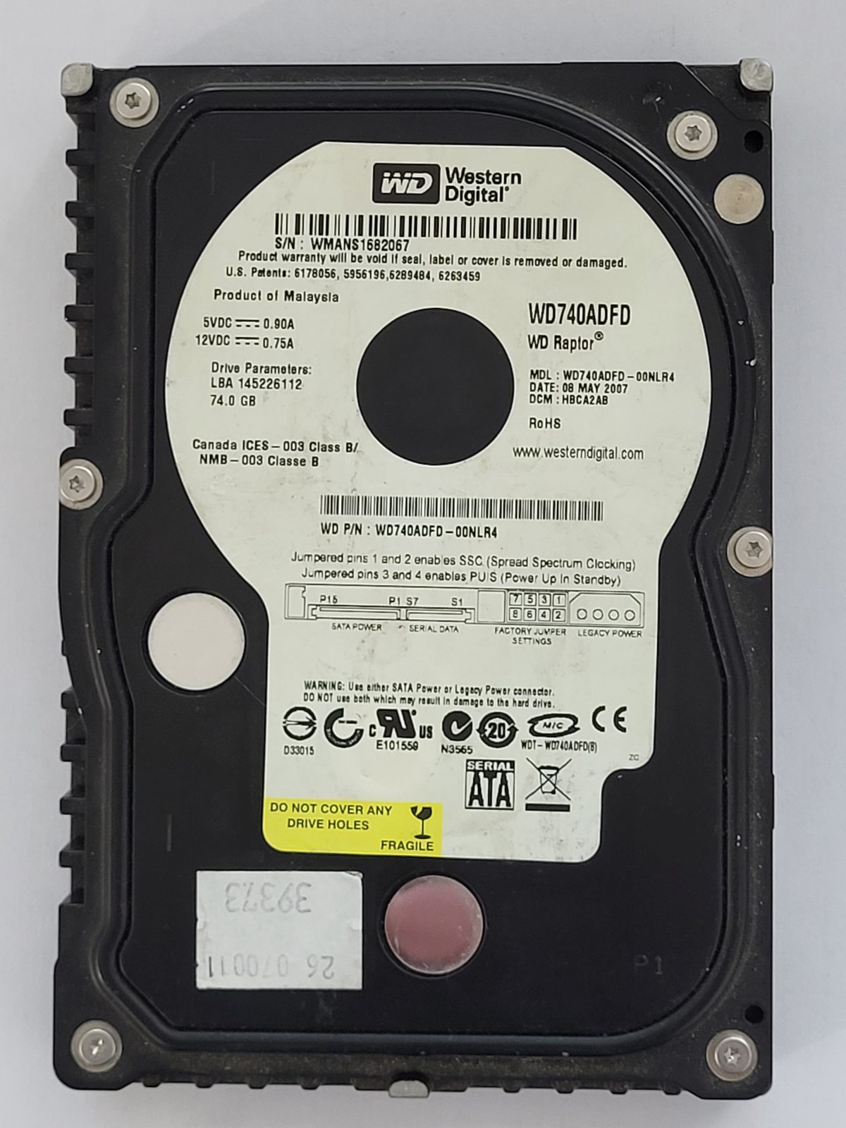 WD740ADFD-00NLR4, DCM: HBCA2AB, 08 MAY 2007 | WD 74Go 3,5" SATA HDD STK