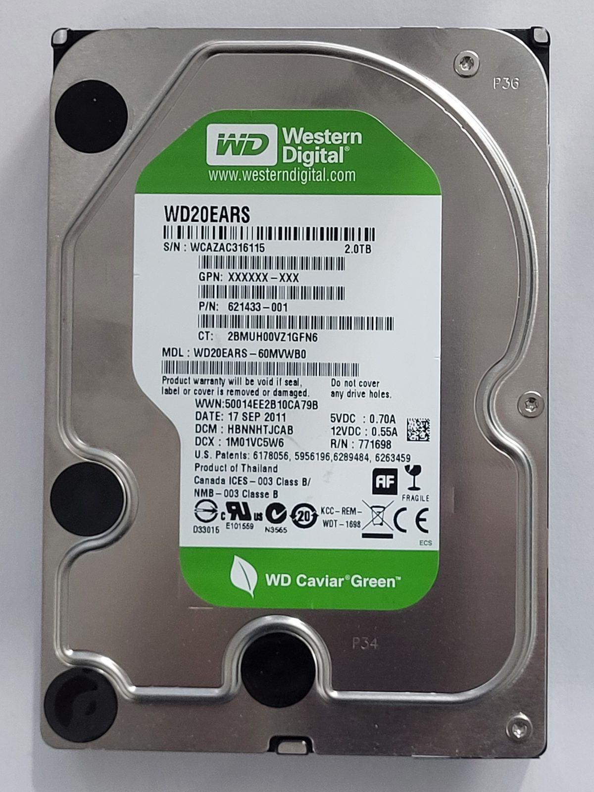 WD20EARS-60MVWB0, DCM: HBNNHTJCAB, 17 SEP 2011 | WD 2To 3,5" SATA HDD STK