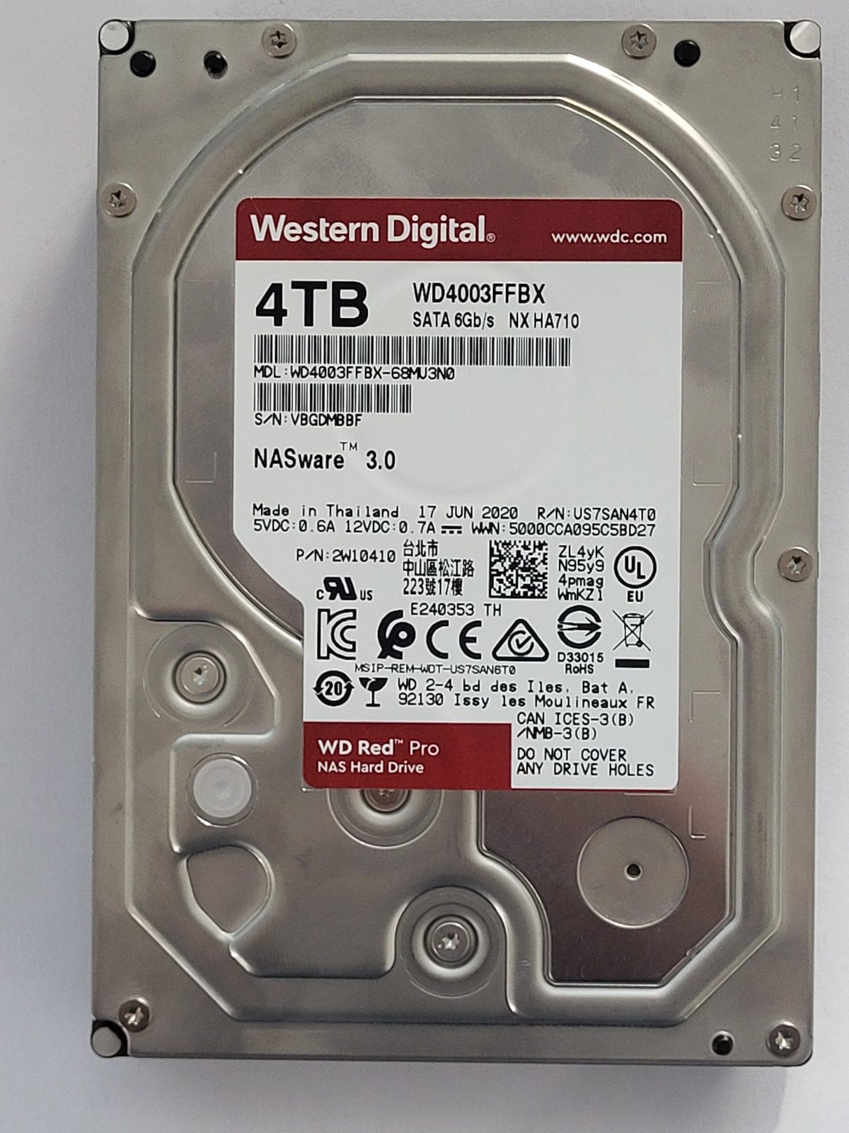 WD4003FFBX-68MU3N0, 17 JUN 2020 | WD 4To 3,5" SATA HDD STK