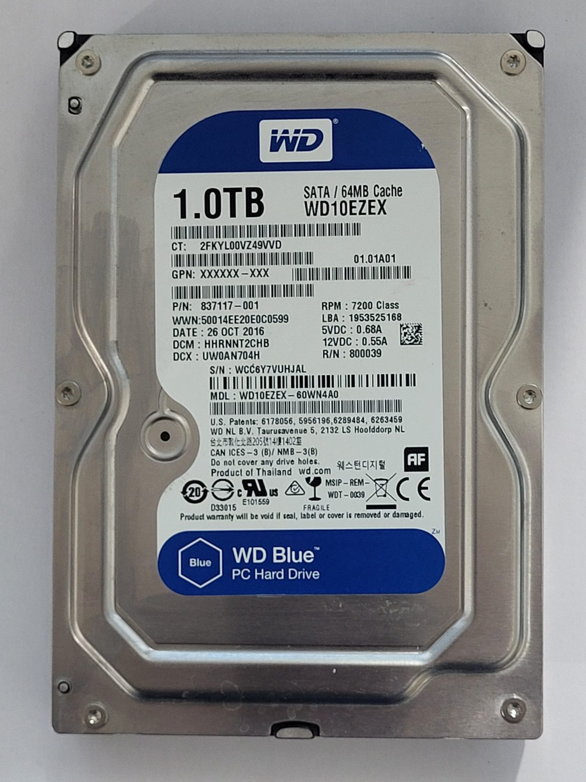 WD10EZEX-60WN4A0, DCM: HHRNNT2CHB, 26 OCT 2016 | WD 1To 3,5" SATA HDD STK