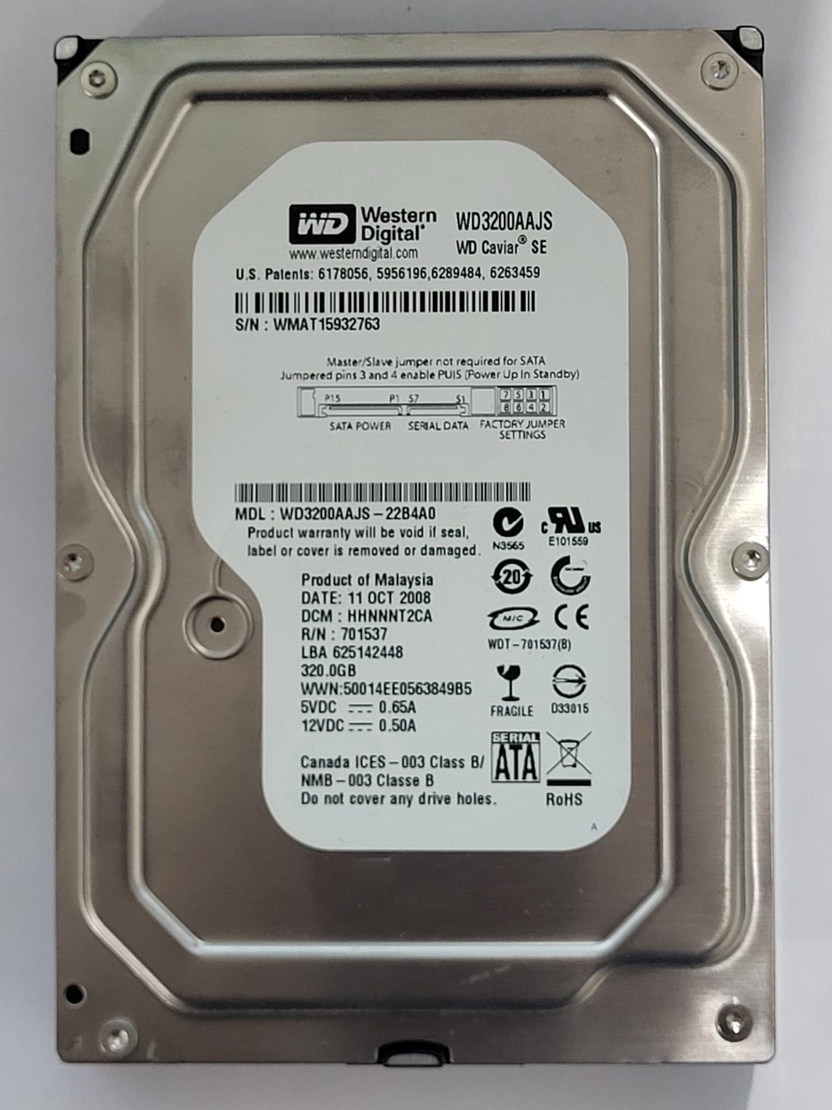 WD3200AAJS-22B4A0, DCM: HHNNNT2CA, 11 OCT 2008 | WD 320Go 3,5" SATA HDD STK