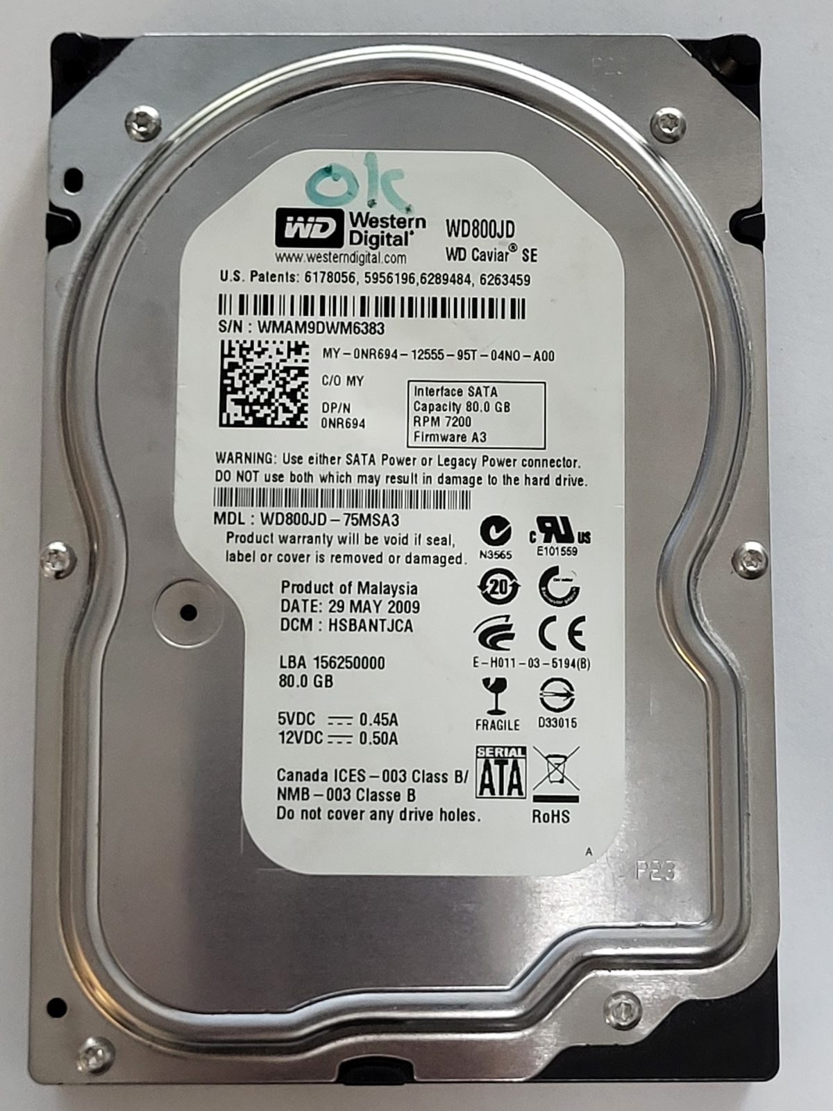 WD800JD-75MSA3, DCM: HSBANTJCA, 29 MAY 2009 | WD 80Go 3,5" SATA HDD STK