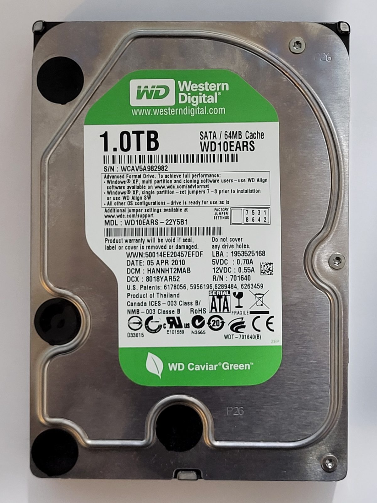 WD10EARS-22Y5B1, DCM: HANNHT2MAB, 05 APR 2010 | WD 1To 3,5" SATA HDD STK