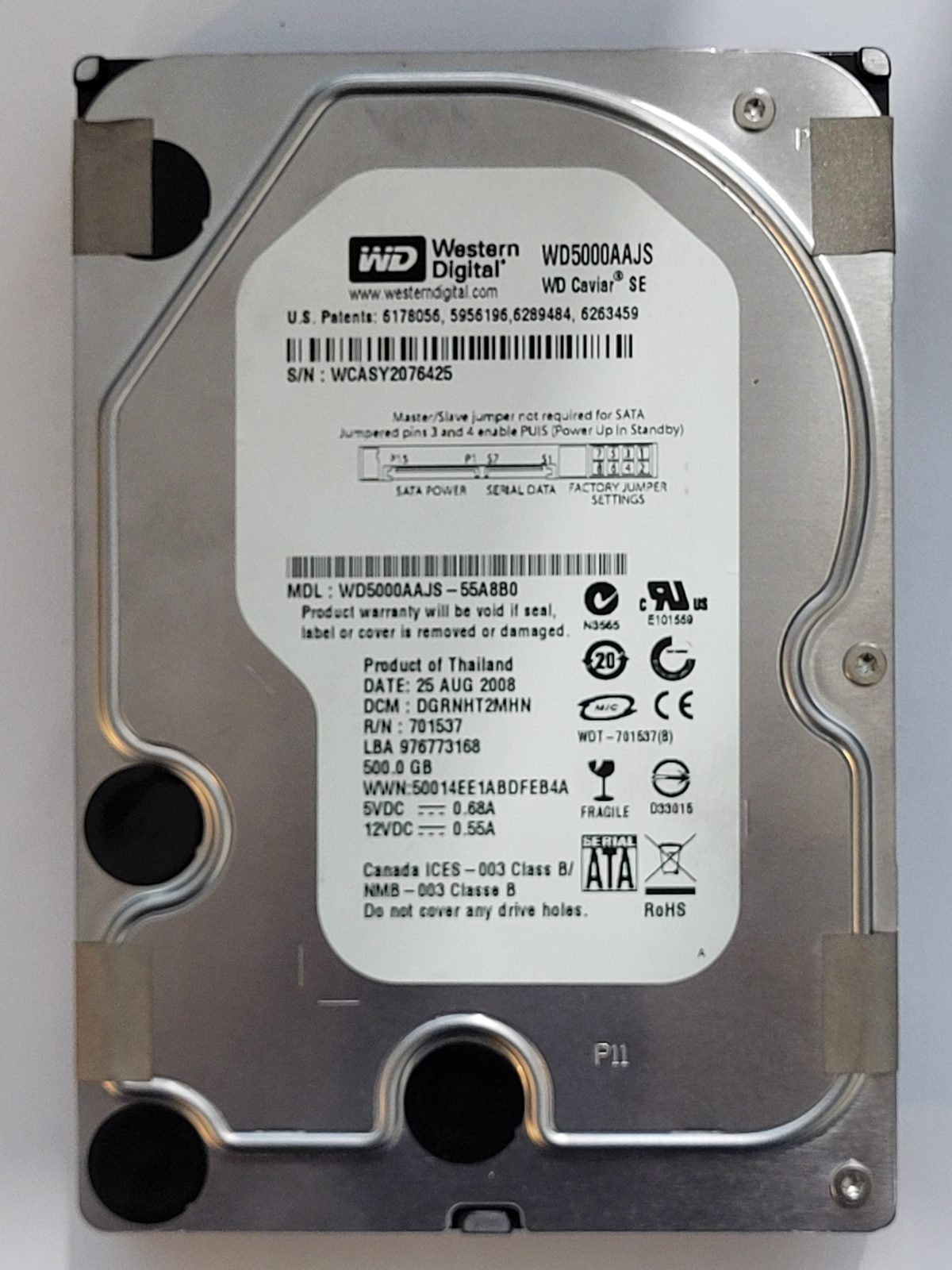 WD5000AAJS-55A8B0, DCM: DGRNHT2MHN, 25 AUG 2008 | WD 500Go 3,5" SATA HDD STK