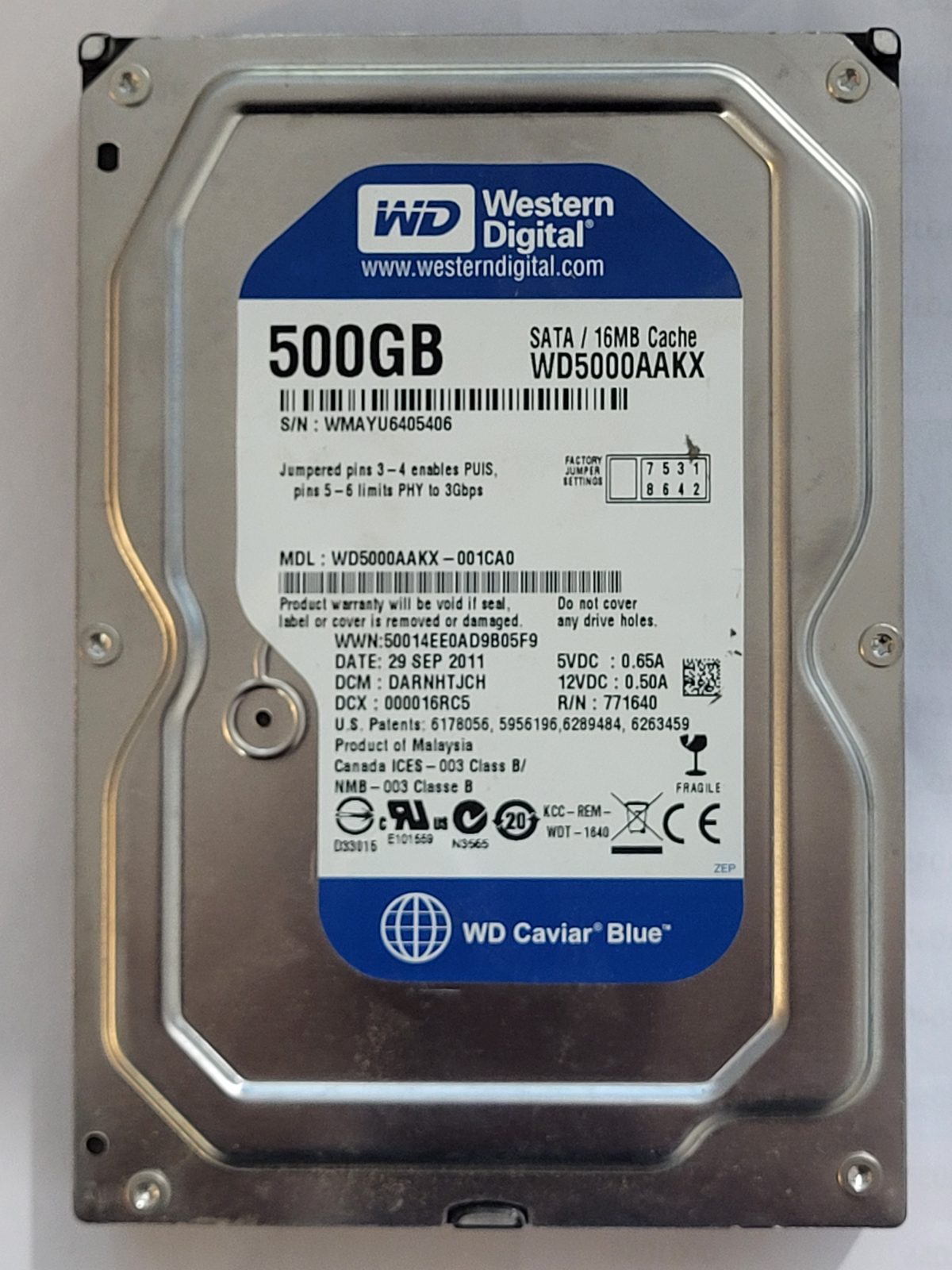 WD5000AAKX-001CA0, DCM: DARNHTJCH, 29 SEP 2011 | WD 500Go 3,5" SATA HDD STK