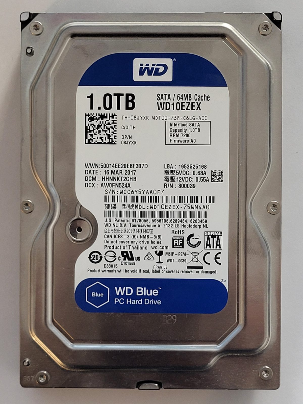 WD10EZEX-75WN4A0, DCM: HHNNKT2CHB, 16 MAR 2017 | WD 1To 3,5" SATA HDD STK
