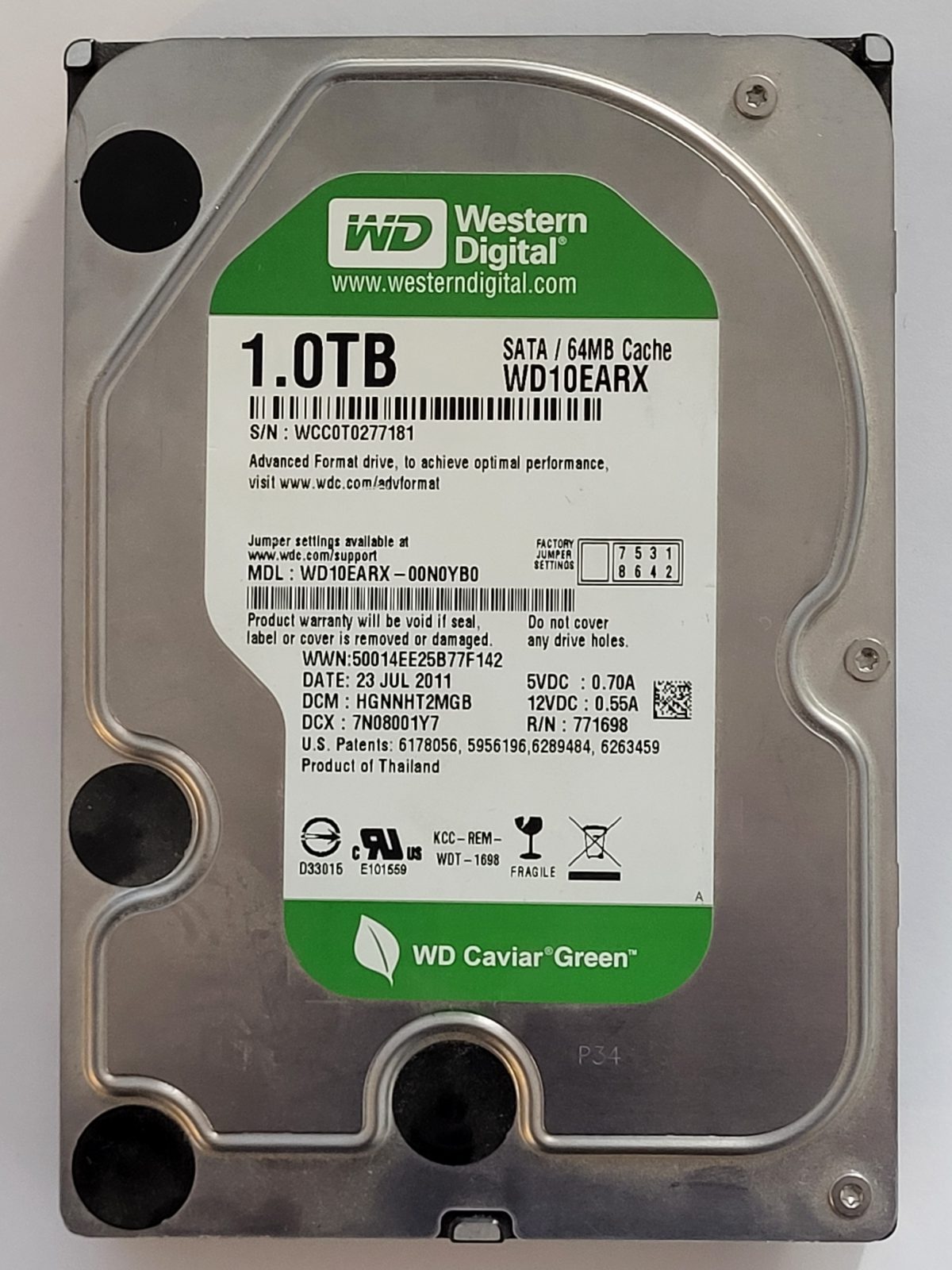 WD10EARX-00N0YB0, DCM: HGNNHT2MGB, 23 JUL 2011 | WD 1To 3,5" SATA HDD STK