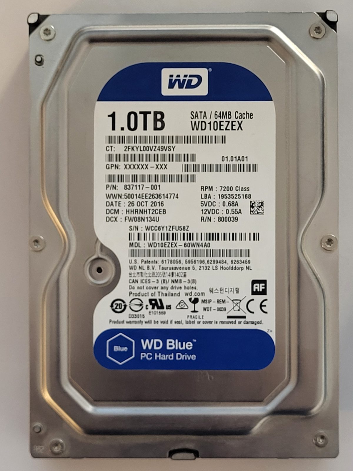 WD10EZEX-60WN4A0, DCM: HHRNHT2CEB, 26 OCT 2016 | WD 1To 3,5" SATA HDD STK