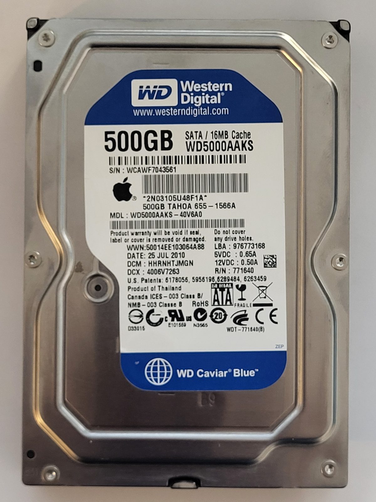 WD5000AAKS-40V6A0, DCM: HHRNHTJMGN, 25 JUL 2010 | WD 500Go 3,5" SATA HDD STK