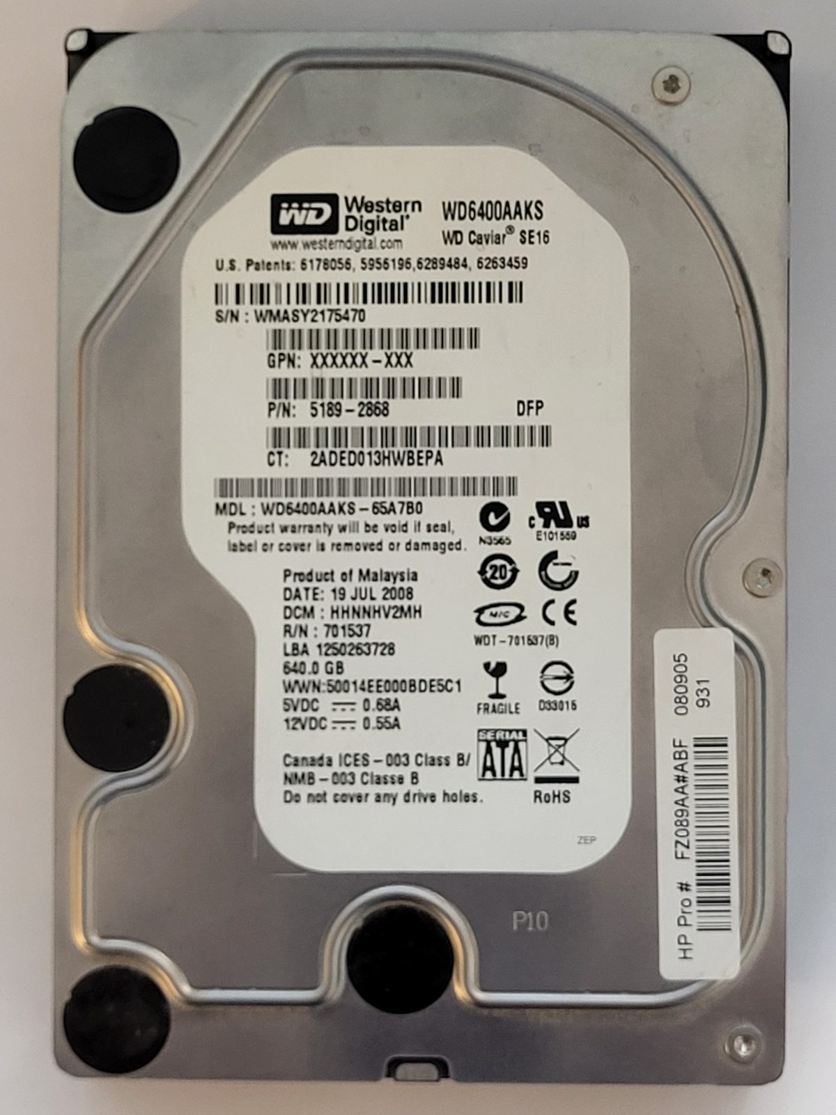 WD6400AAKS-65A7B0, DCM: HHNNHV2MH, 19 JUL 2008 | WD 640Go 3,5" SATA HDD STK