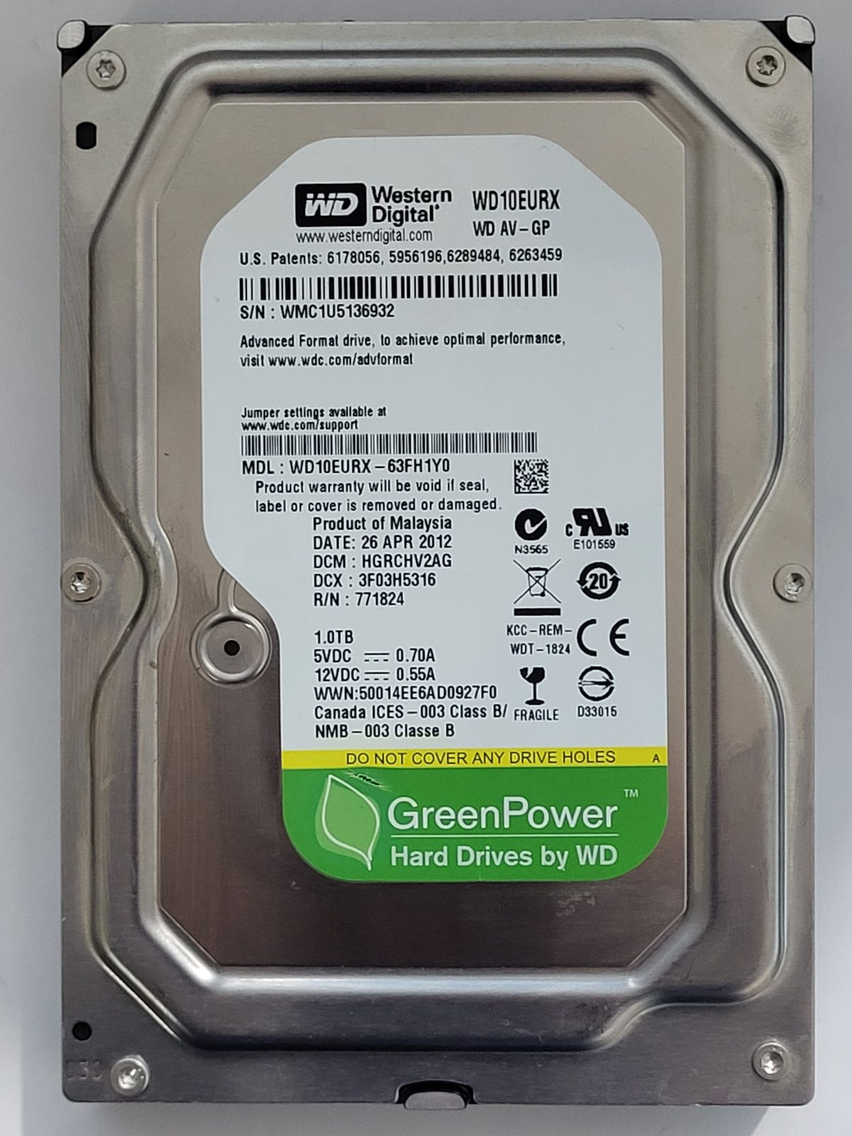 WD10EURX-63FH1Y0, DCM: HGRCHV2AG, 26 APR 2012 | WD 1To 3,5" SATA HDD STK