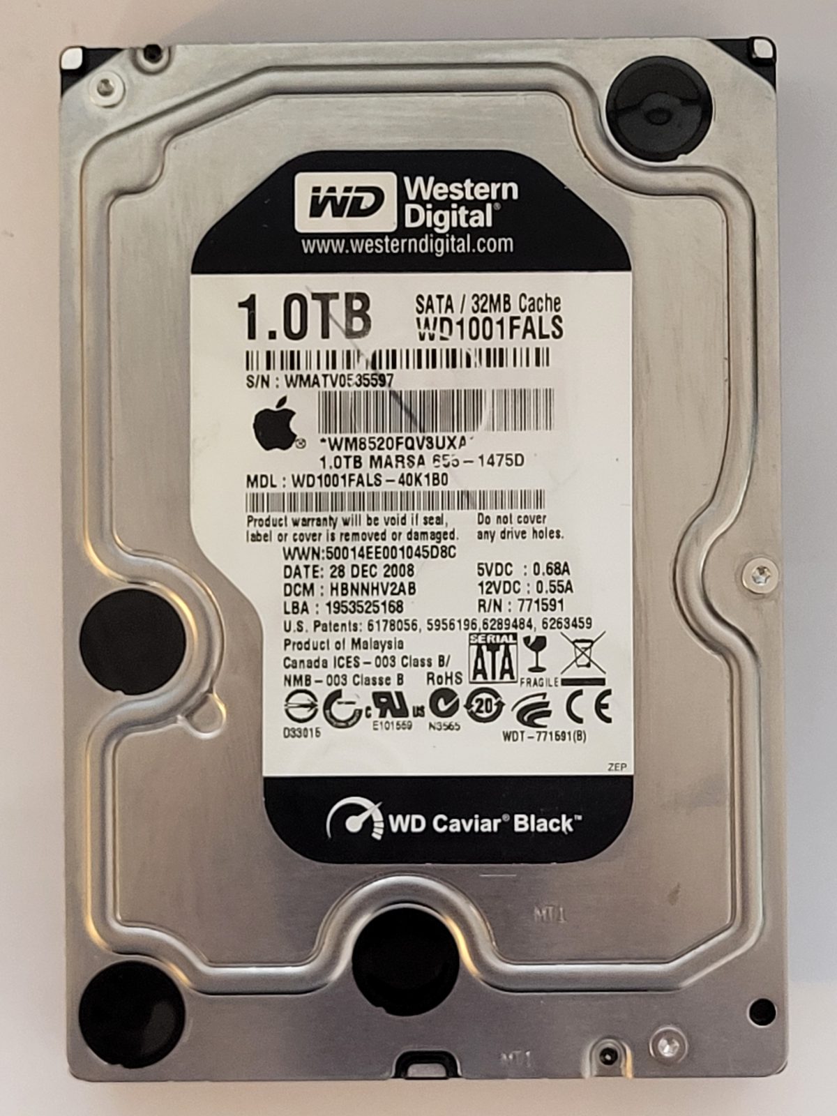 WD1001FALS-40K1B0, DCM: HBNNHV2AB, 28 DEC 2008 | WD 1To 3,5" SATA HDD STK