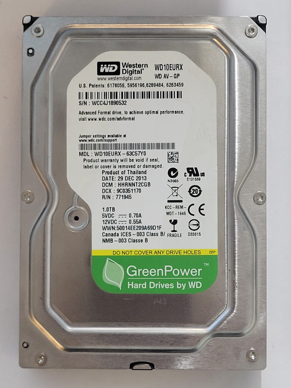 WD10EURX-63C57Y0, DCM: HHRNNT2CGB, 29 DEC 2013 | WD 1To 3,5" SATA HDD STK