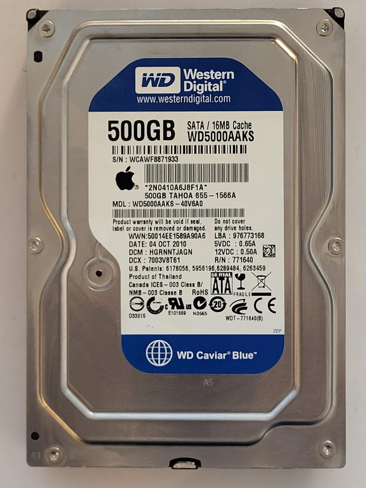 WD5000AAKS-40V6A0, DCM: HGRNNTJAGN, 04 OCT 2010 | WD 500Go 3,5" SATA HDD STK