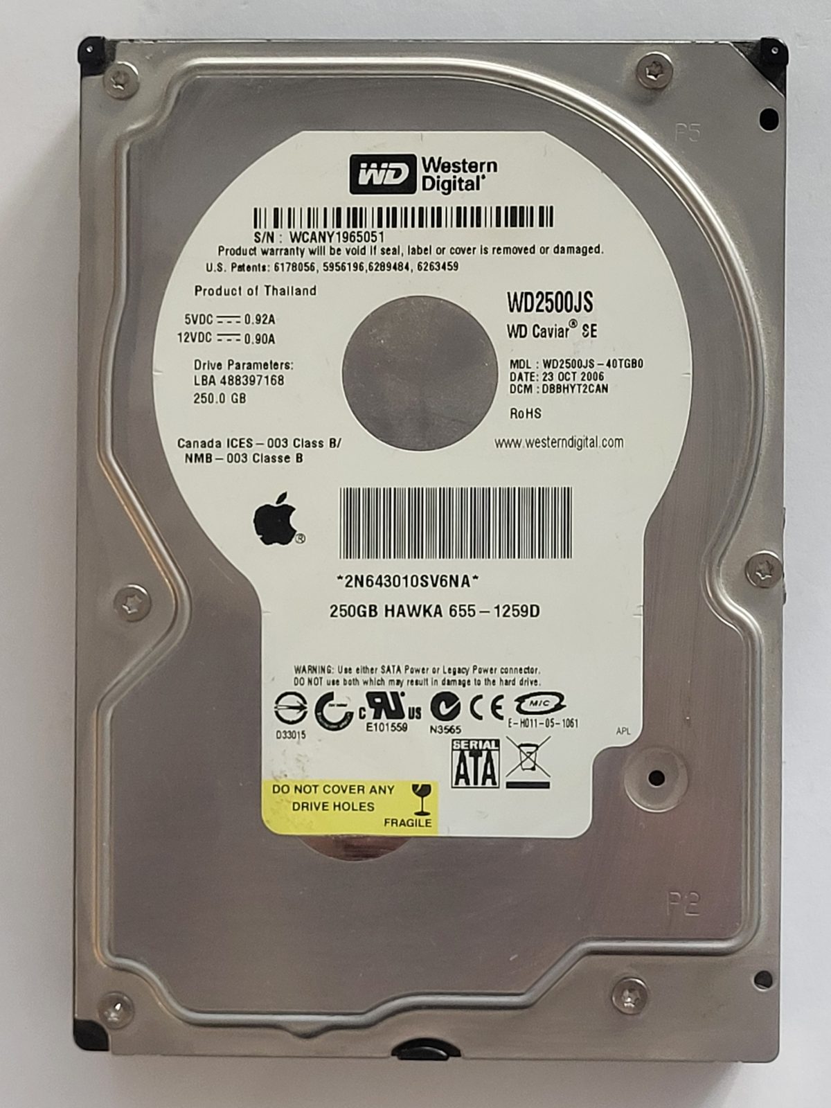 WD2500JS-40TGB0, DCM: DBBHYT2CAN, 23 OCT 2006 | WD 250Go 3,5" SATA HDD STK