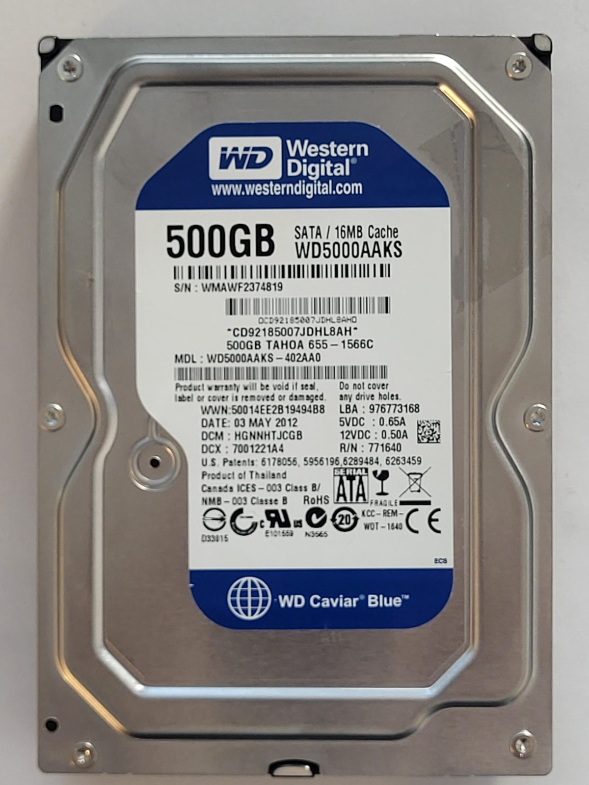 WD5000AAKS-402AA0, DCM: HGNNHTJCGB, 03 MAY 2012 | WD 500Go 3,5" SATA HDD STK