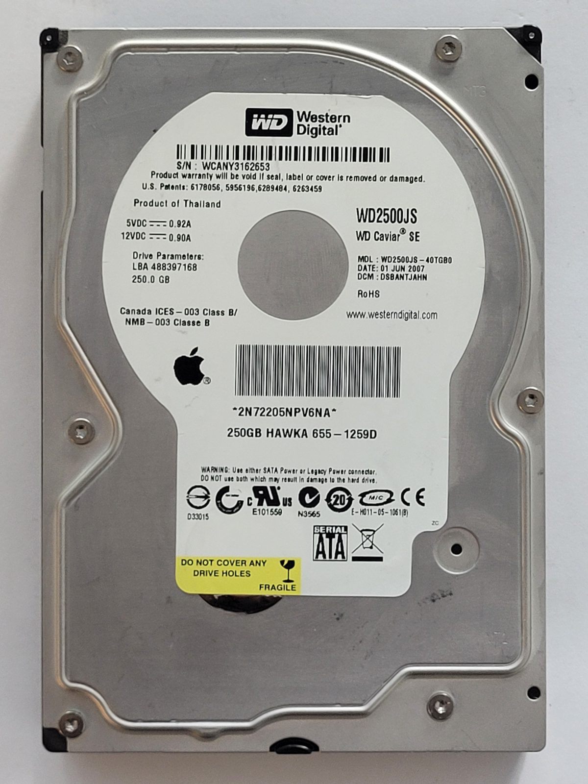 WD2500JS-40TGB0, DCM: DSBANTJAHN, 01 JUN 2007 | WD 250Go 3,5" SATA HDD STK