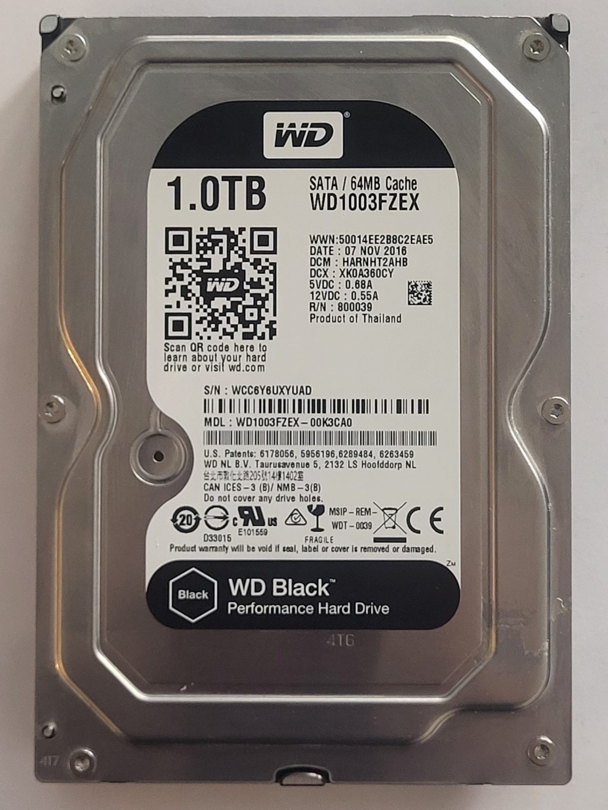 WD1003FZEX-00K3CA0, DCM: HARNHT2AHB, 07 NOV 2016 | WD 1To 3,5" SATA HDD STK