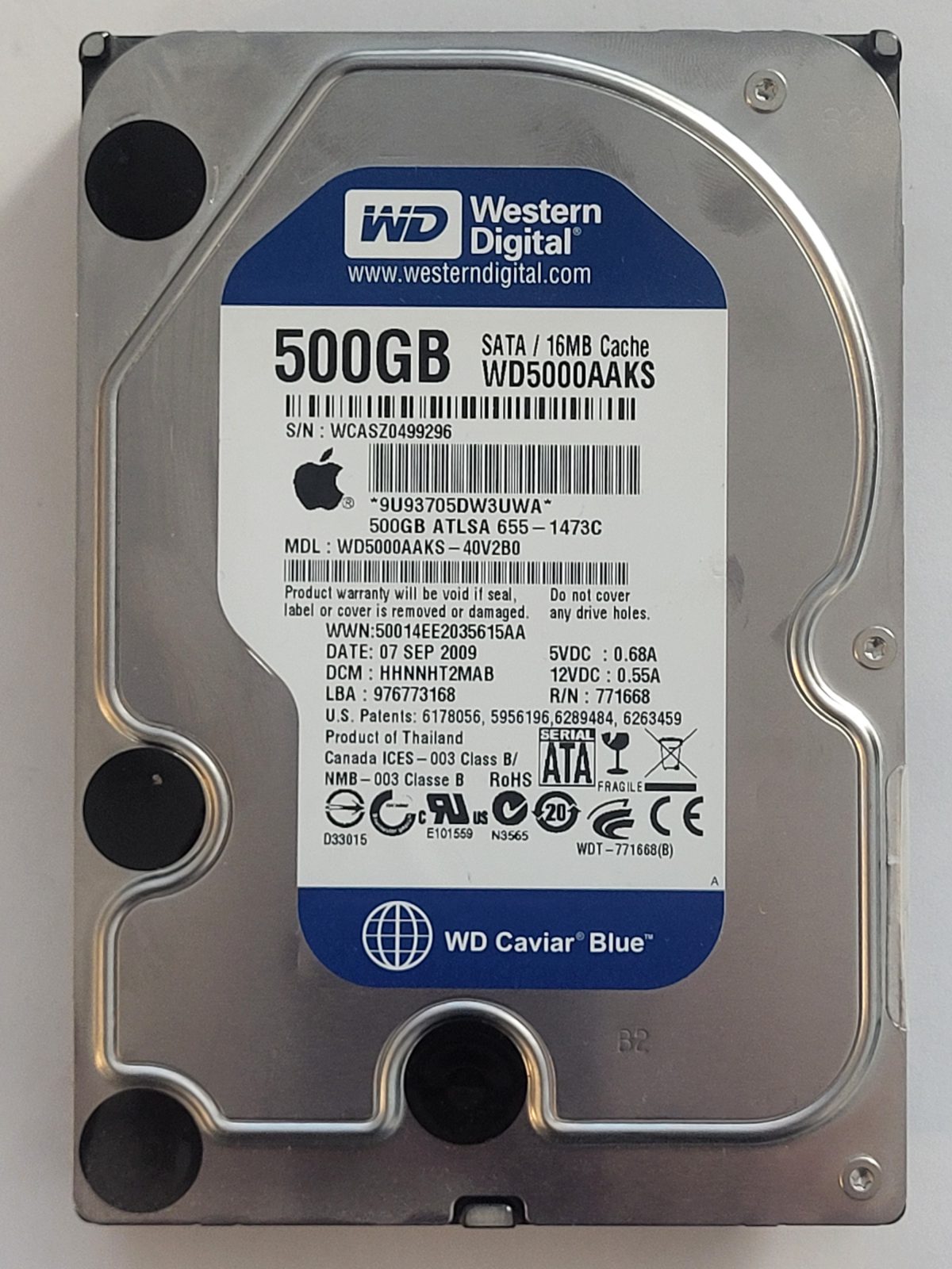 WD5000AAKS-40V2B0, DCM: HHNNHT2MAB, 07 SEP 2009 | WD 500Go 3,5" SATA HDD STK