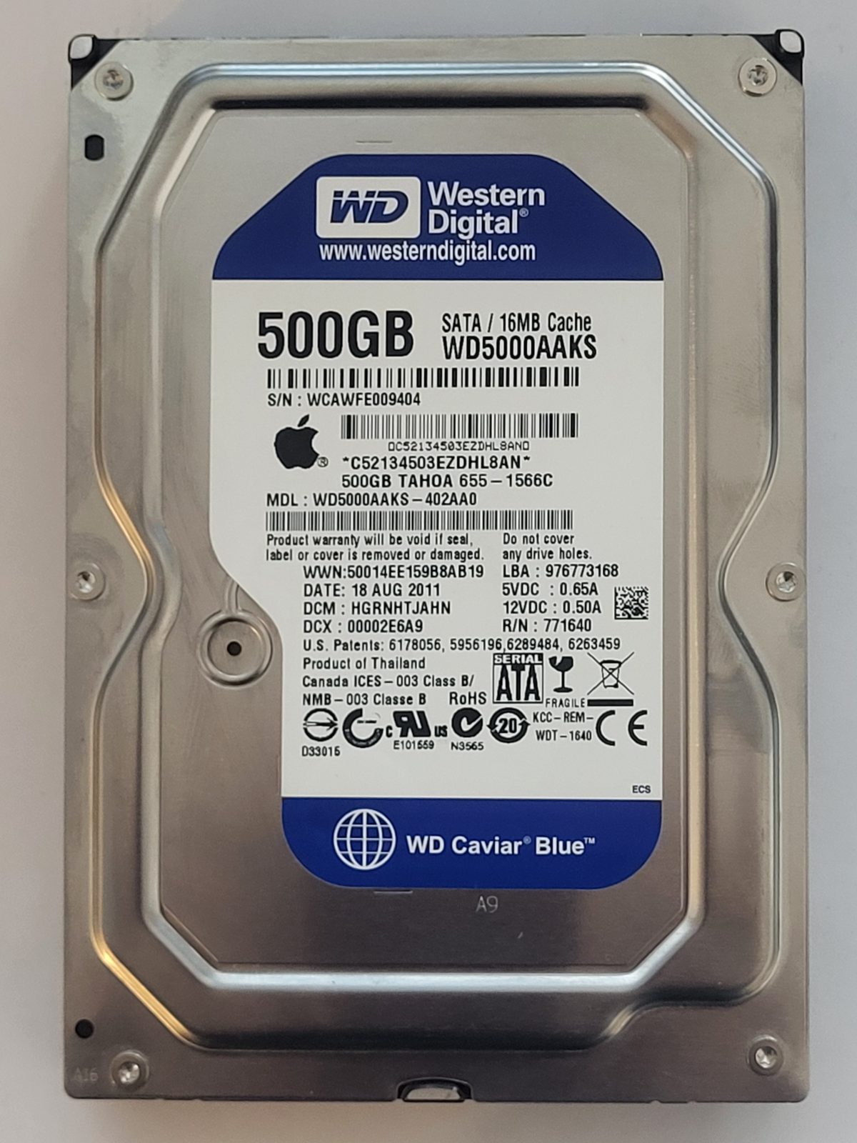 WD5000AAKS-402AA0, DCM: HGRNHTJAHN, 18 AUG 2011 | WD 500Go 3,5" SATA HDD STK