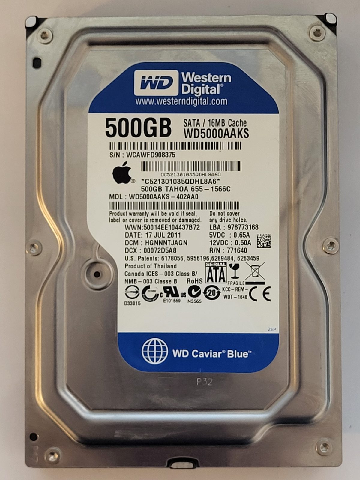 WD5000AAKS-402AA0, DCM: HGNNNTJAGN, 17 JUL 2011 | WD 500Go 3,5" SATA HDD STK