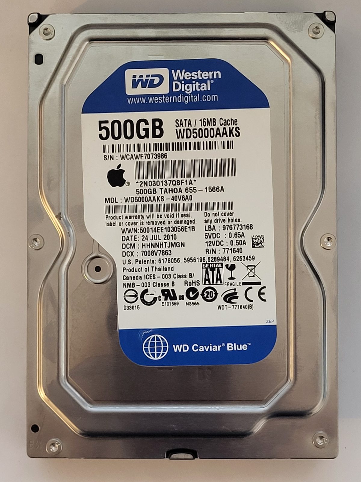 WD5000AAKS-40V6A0, DCM: HHNNHTJMGN, 24 JUL 2010 | WD 500Go 3,5" SATA HDD STK