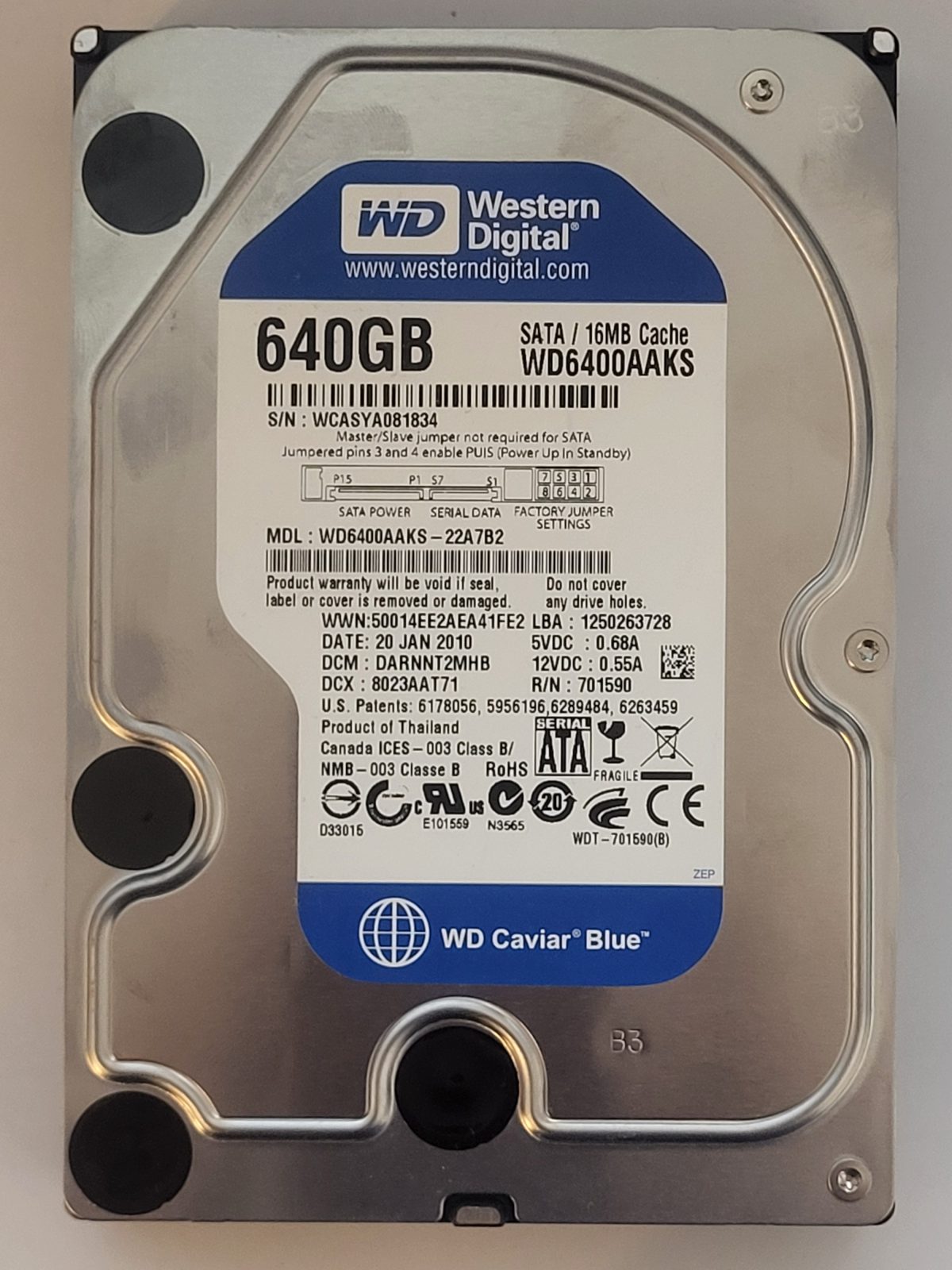 WD6400AAKS-22A7B2, DCM: DARNNT2MHB, 20 JAN 2010 | WD 640Go 3,5" SATA HDD STK
