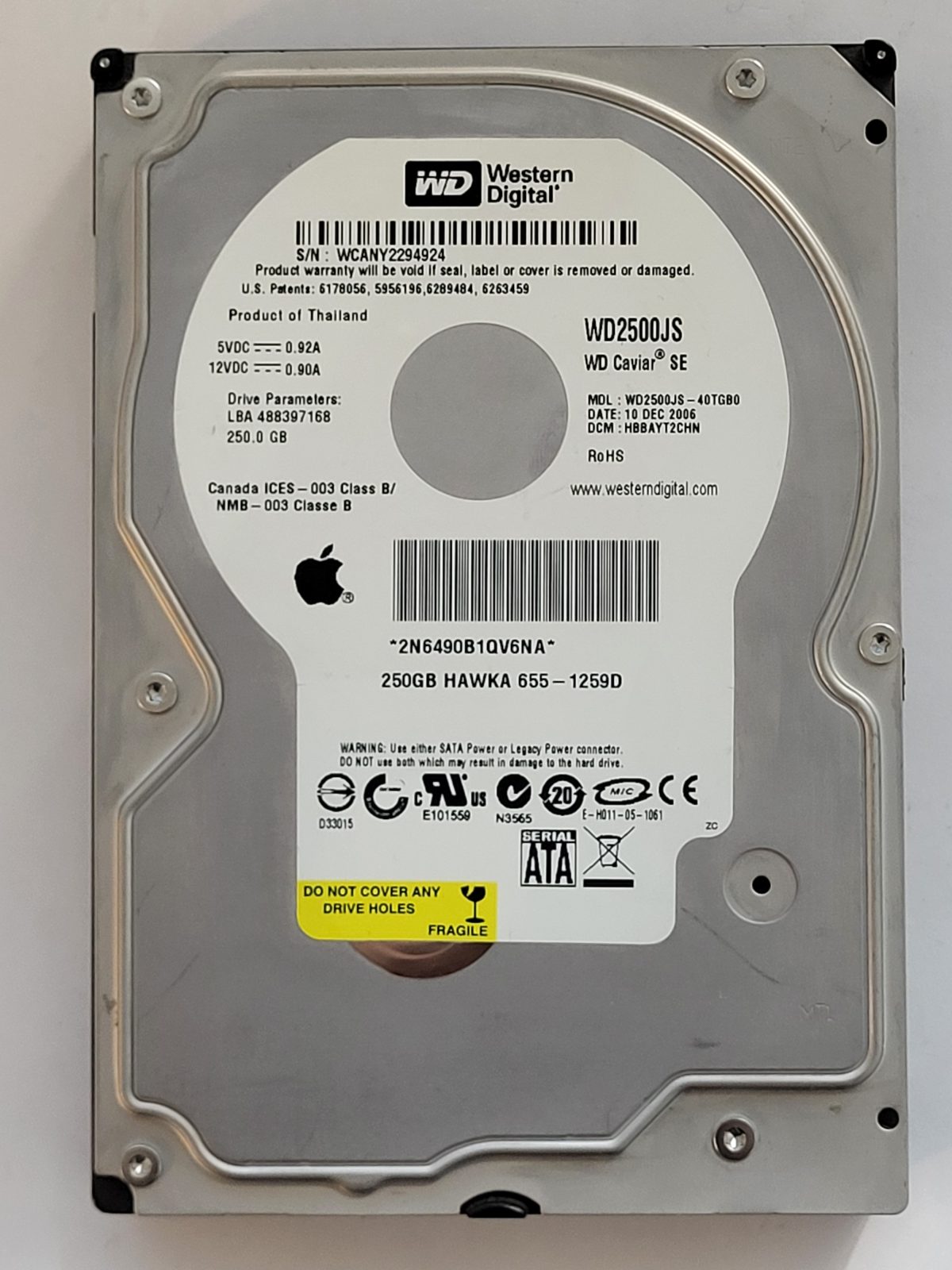 WD2500JS-40TGB0, DCM: HBBAYT2CHN, 10 DEC 2006 | WD 250Go 3,5" SATA HDD STK
