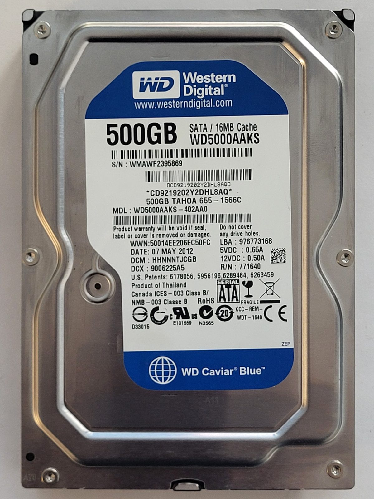 WD5000AAKS-402AA0, DCM: HHNNNTJCGB, 07 MAY 2012 | WD 500Go 3,5" SATA HDD STK