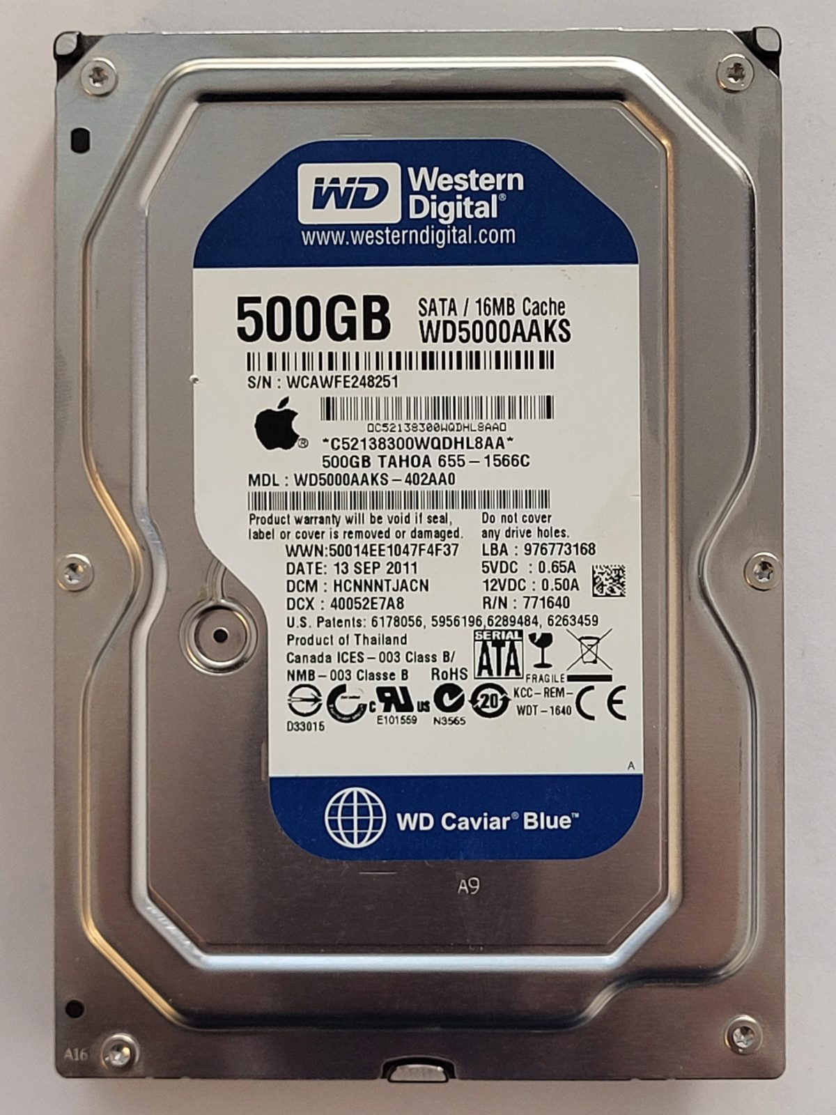 WD5000AAKS-402AA0, DCM: HCNNNTJACN, 13 SEP 2011 | WD 500Go 3,5" SATA HDD STK