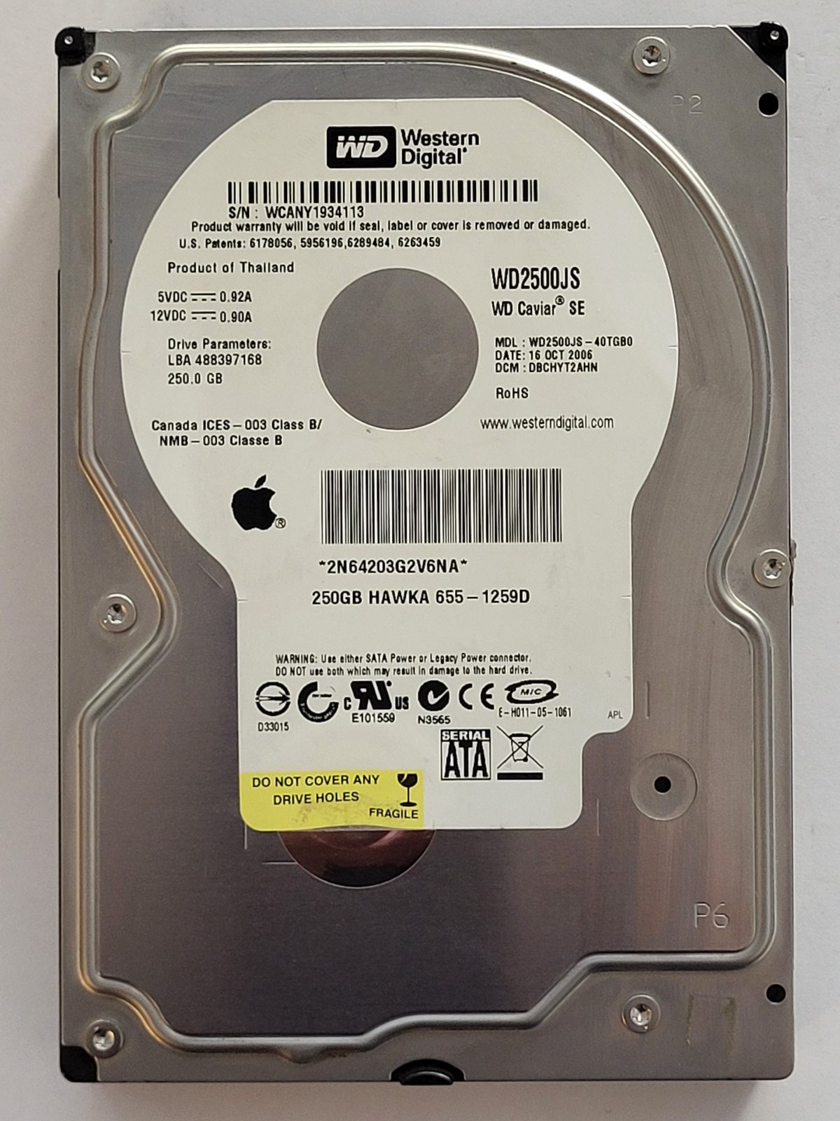 WD2500JS-40TGB0, DCM: DBCHYT2AHN, 16 OCT 2006 | WD 250Go 3,5" SATA HDD STK