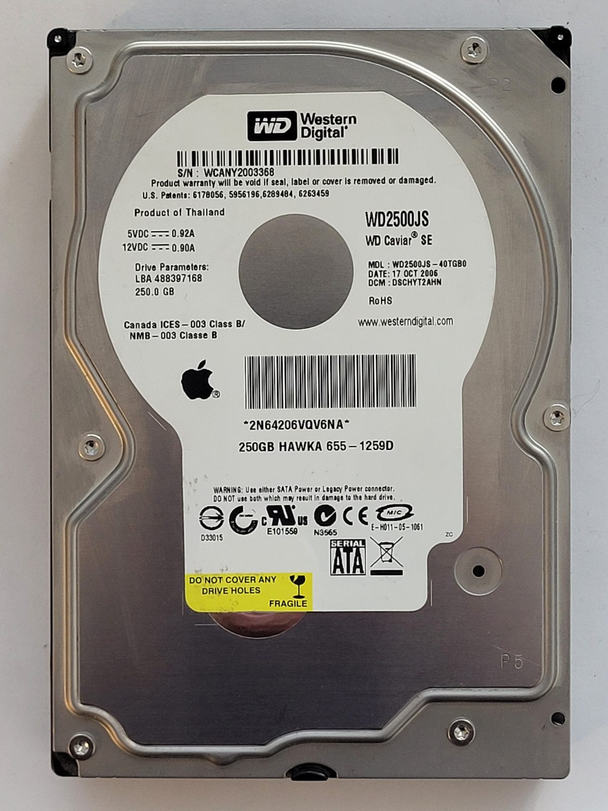 WD2500JS-40TGB0, DCM: DSCHYT2AHN, 17 OCT 2006 | WD 250Go 3,5" SATA HDD STK