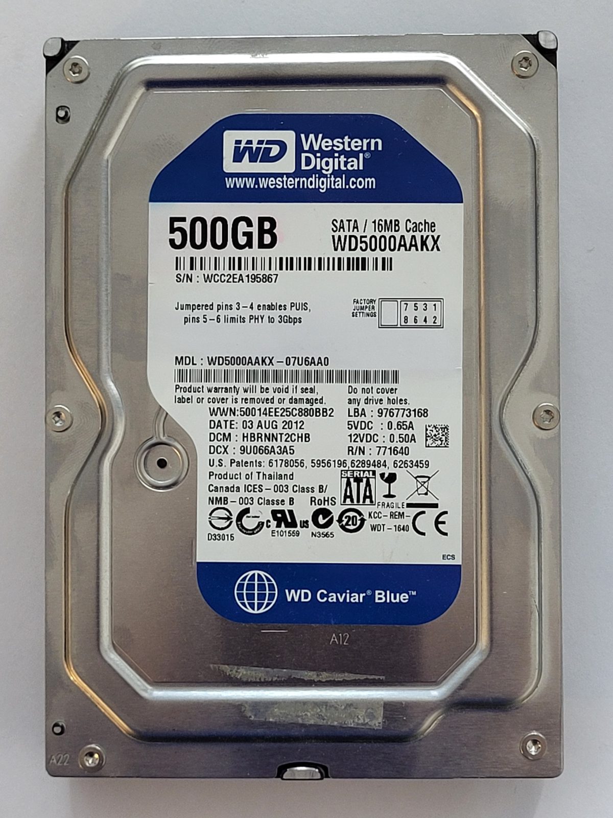 WD5000AAKX-07U6AA0, DCM: HBRNNT2CHB, 03 AUG 2012 | WD 500Go 3,5" SATA HDD STK
