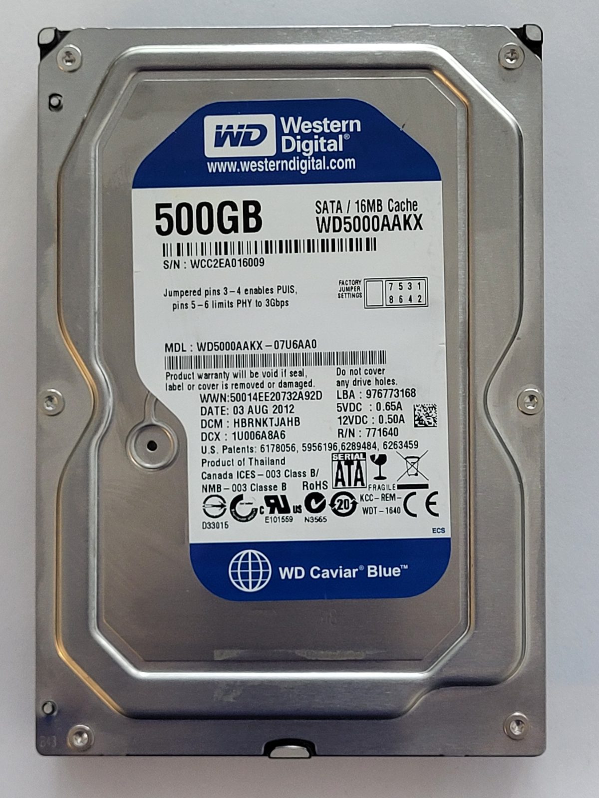 WD5000AAKX-07U6AA0, DCM: HBRNKTJAHB, 03 AUG 2012 | WD 500Go 3,5" SATA HDD STK