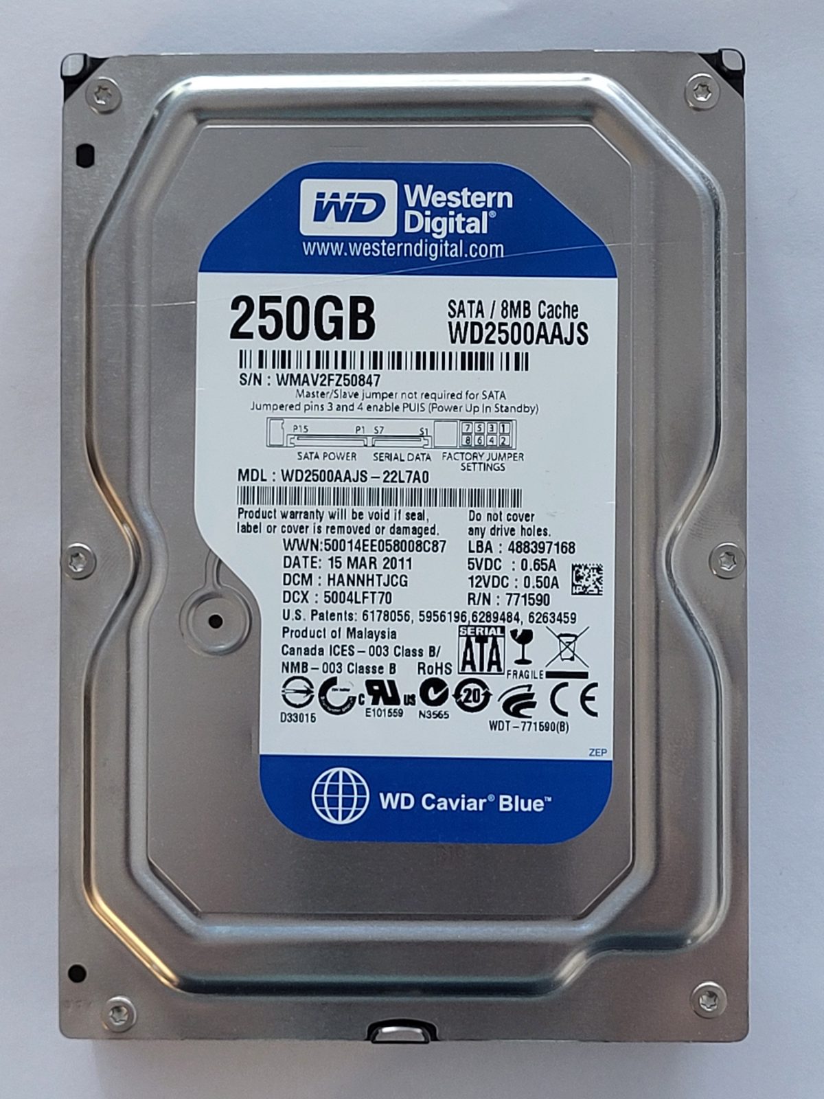 WD2500AAJS-22L7A0, DCM: HANNHTJCG, 15 MAR 2011 | WD 250Go 3,5" SATA HDD STK