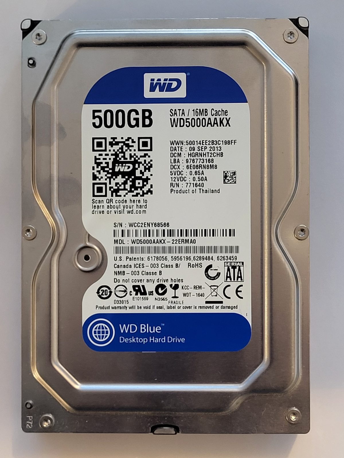 WD5000AAKX-22ERMA0, DCM: HGRNHT2CHB, 09 SEP 2013 | WD 500Go 3,5" SATA HDD STK