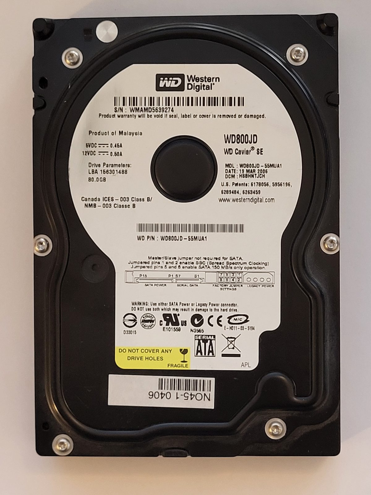 WD800JD-55MUA1, DCM: HSBHNTJCH, 19 MAR 2006 | WD 80Go 3,5" SATA HDD STK