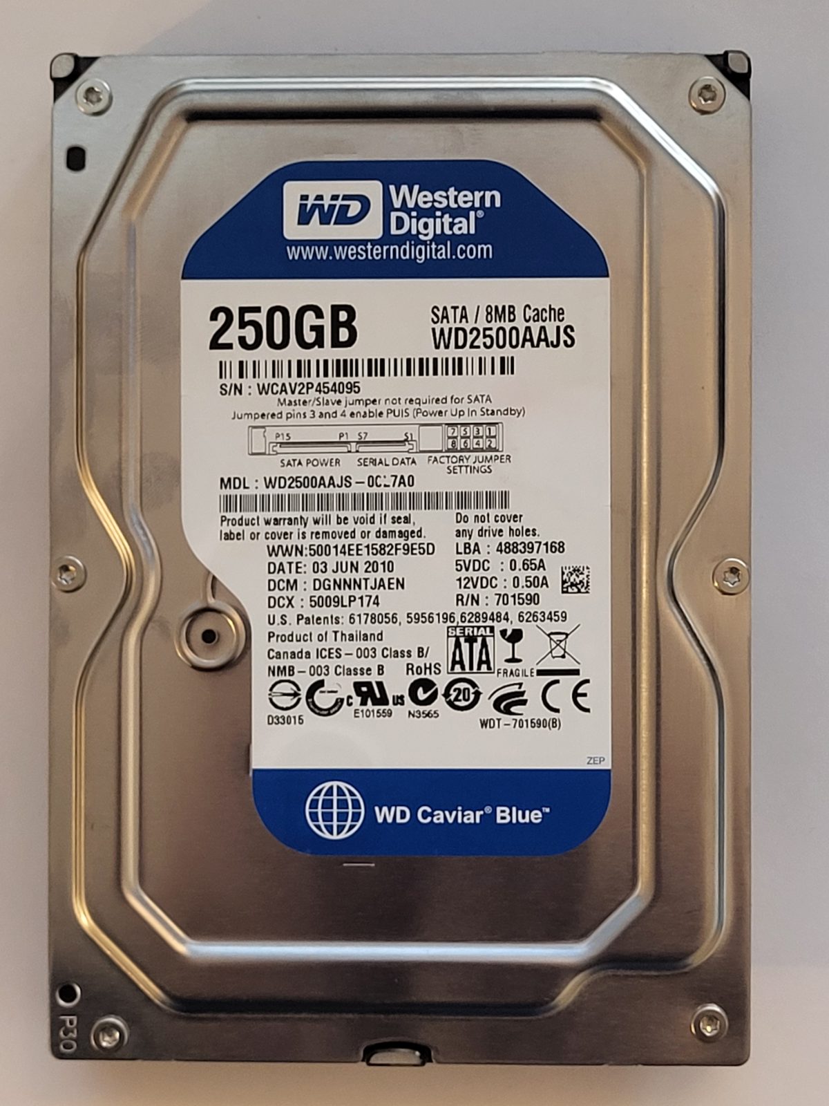 WD2500AAJS-00L7A0, DCM: DGNNNTJAEN, 03 JUN 2010 | WD 250Go 3,5" SATA HDD STK