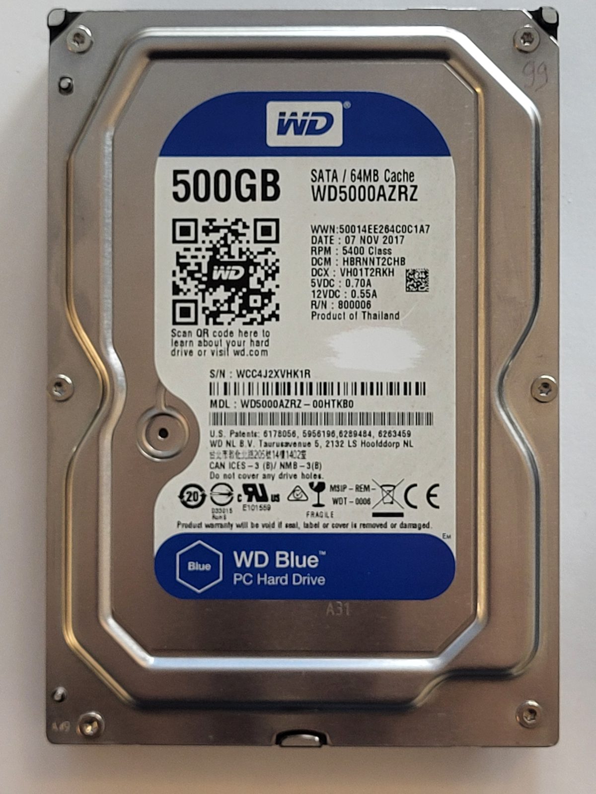 WD5000AZRZ-00HTKB0, DCM: HBRNNT2CHB, 07 NOV 2017 | WD 500Go 3,5" SATA HDD STK