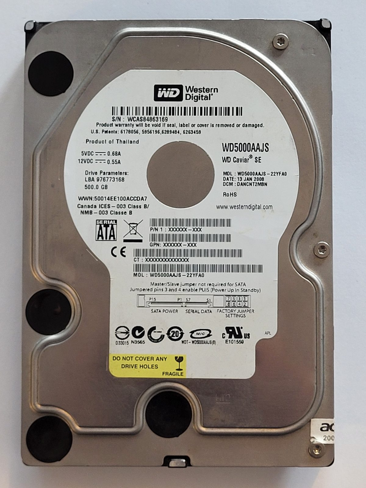 WD5000AAJS-22YFA0, DCM: DANCNT2MBN, 13 JAN 2008 | WD 500Go 3,5" SATA HDD STK
