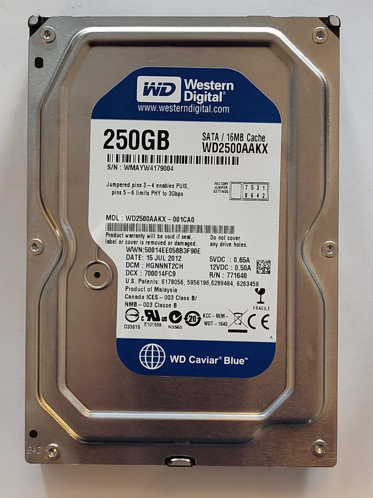 WD2500AAKX-001CA0, DCM: HGNNNT2CH, 15 JUL 2012 | WD 250Go 3,5" SATA HDD STK