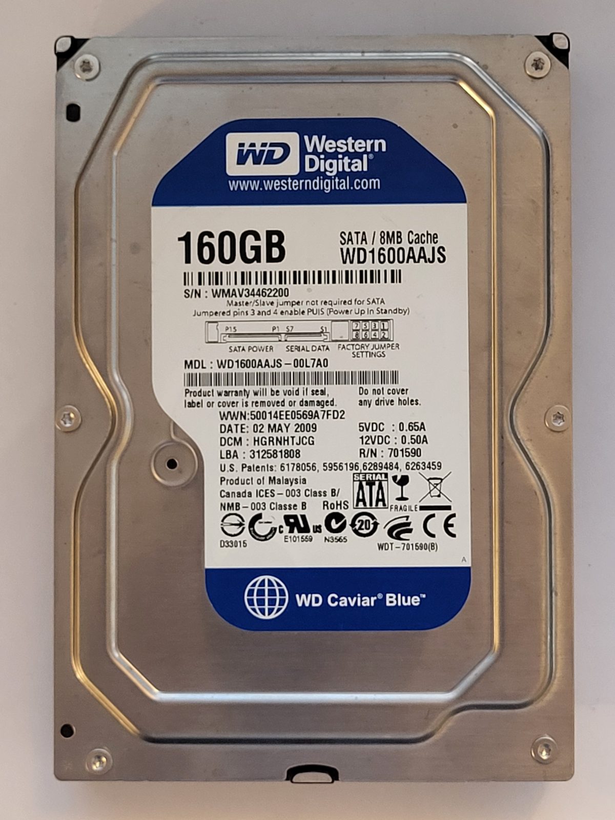 WD1600AAJS-00L7A0, DCM: HGRNHTJCG, 02 MAY 2009 | WD 160Go 3,5" SATA HDD STK