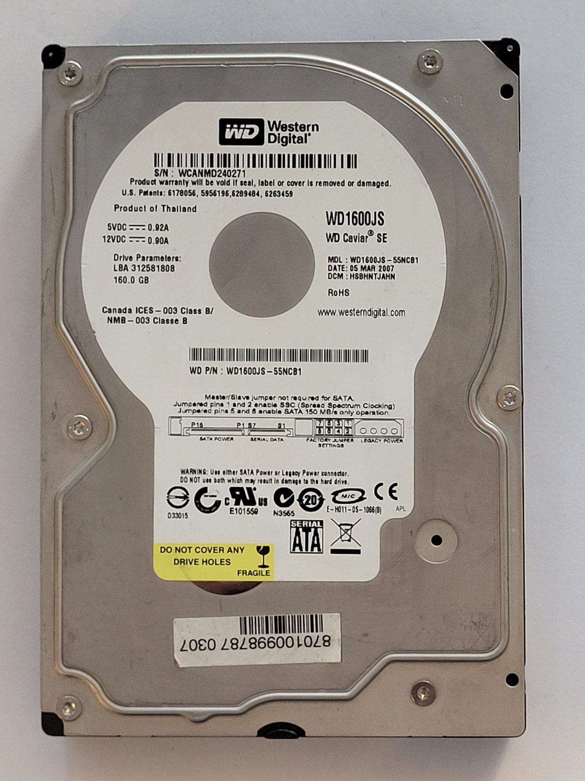 WD1600JS-55NCB1, DCM: HSBHNTJAHN, 05 MAR 2007 | WD 160Go 3,5" SATA HDD STK